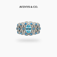 Floral Garden Ring with Aquamarine Oval Stone – on White Gold