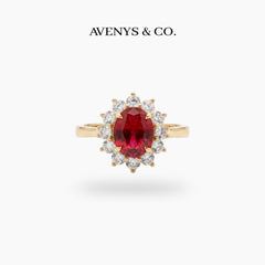 Classic Halo Ring with Red Oval Stone – on Yellow Gold