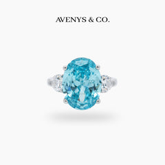 Oval Trilogy Pear Ring with Blue Oval Stone – on White Gold
