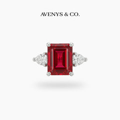 Emerald Pear Trilogy Ring with Red Emerald Stone – on White Gold