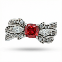 Red Wings Ring with Red Cushion Stone – on White Gold