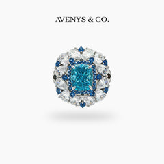 Royal Flower Halo Ring with Blue Cushion Stone – on White Gold