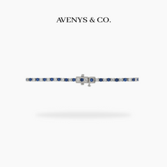 Alternating Blue White Tennis Bracelet - on White Gold, front view