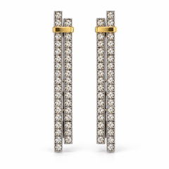 Pair of double-bar drop earrings with white stones and gold-tone connecting details on a white background.