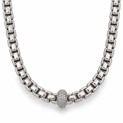 Pave Bead Box Chain Necklace with White Round Stone - on White Gold
