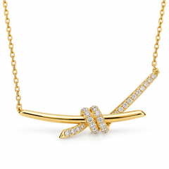 Knot Bar Necklace with White Round Stone - on Yellow Gold