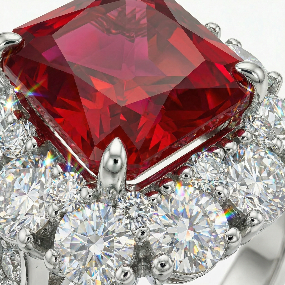 Princess Halo Ring with Red Princess Stone – on White Gold