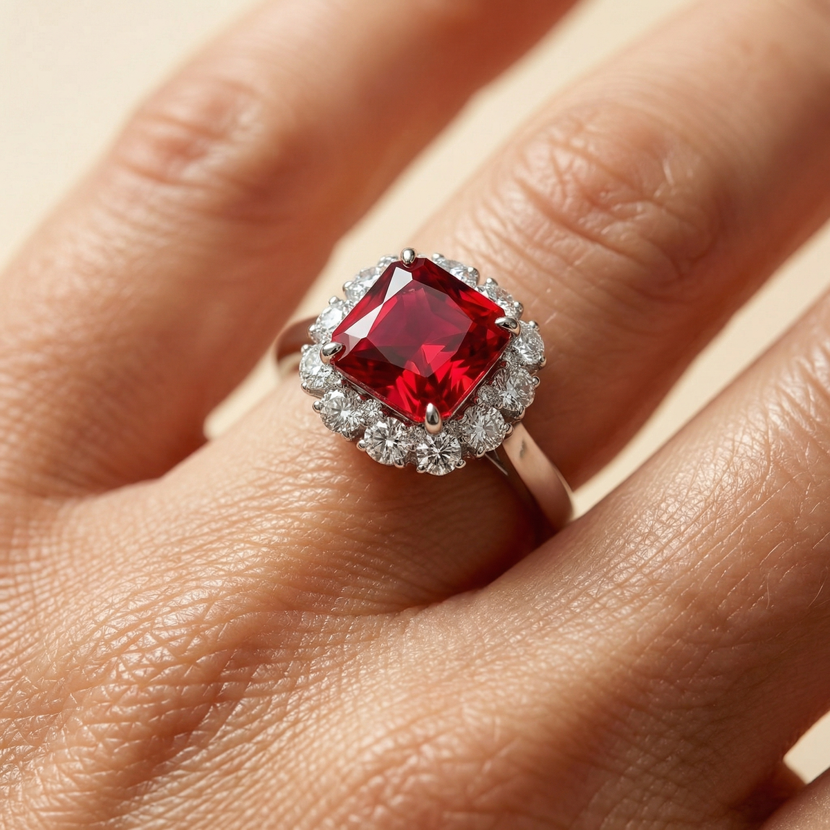 Princess Halo Ring with Red Princess Stone – on White Gold