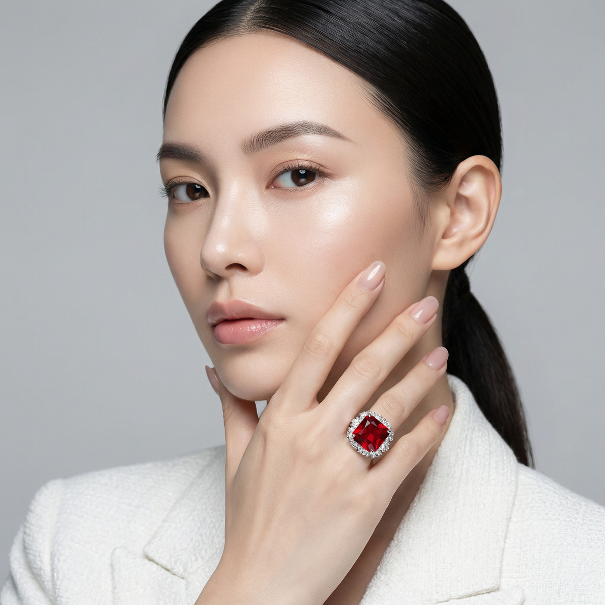 Princess Halo Ring with Red Princess Stone – on White Gold
