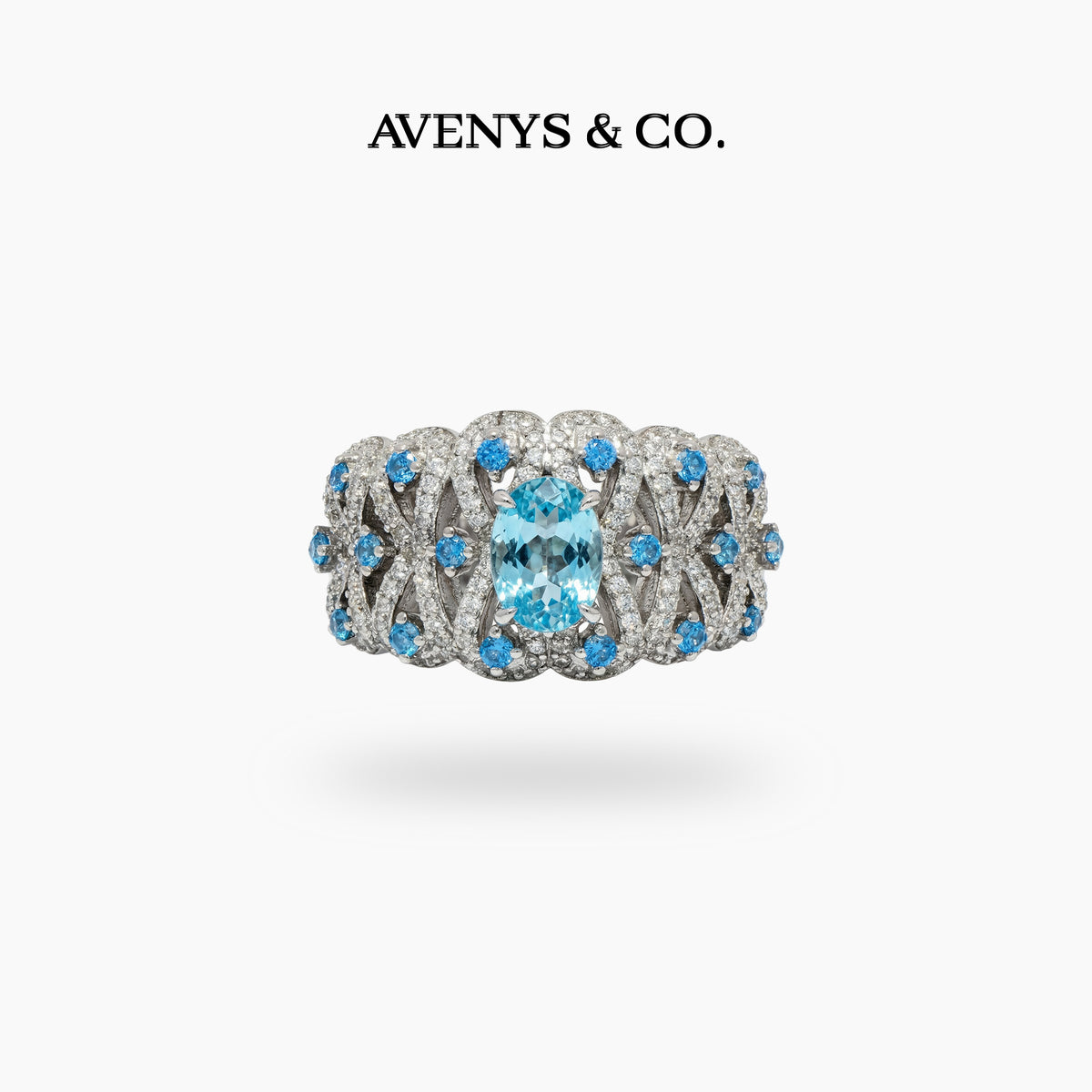 Floral Garden Ring with Aquamarine Oval Stone – on White Gold