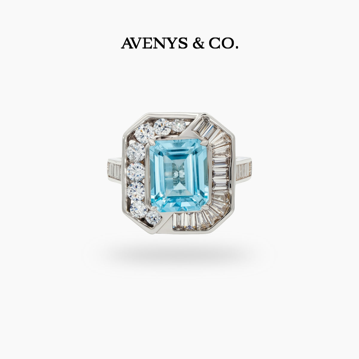 Emerald Frame Ring with Aquamarine Emerald Stone – on White Gold