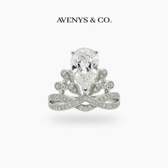 Crown Flower Ring with White Pear Stone – on White Gold