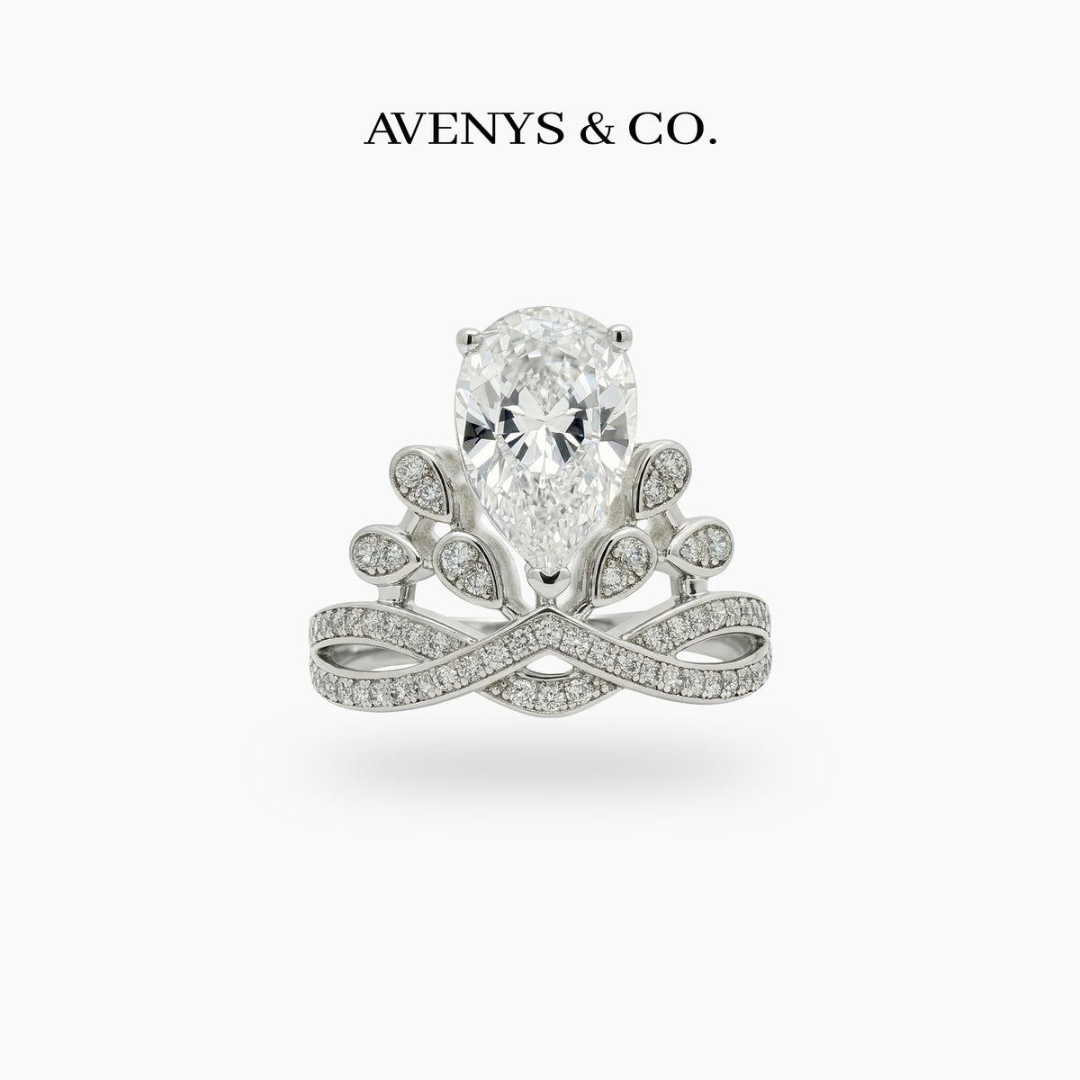 Crown Flower Ring with White Pear Stone – on White Gold