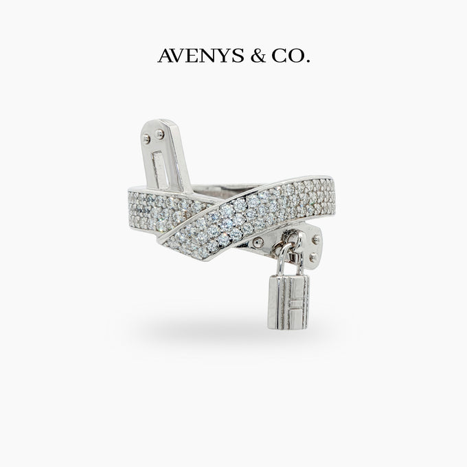 Padlock Pave Ring with White Round Stone – on White Gold