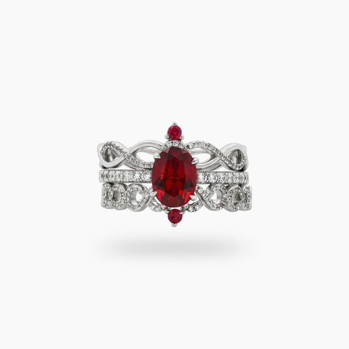 Triple Stacking Ring with Avenys Prestige Created Square Oval Pigeon Blood Ruby – on White Gold
