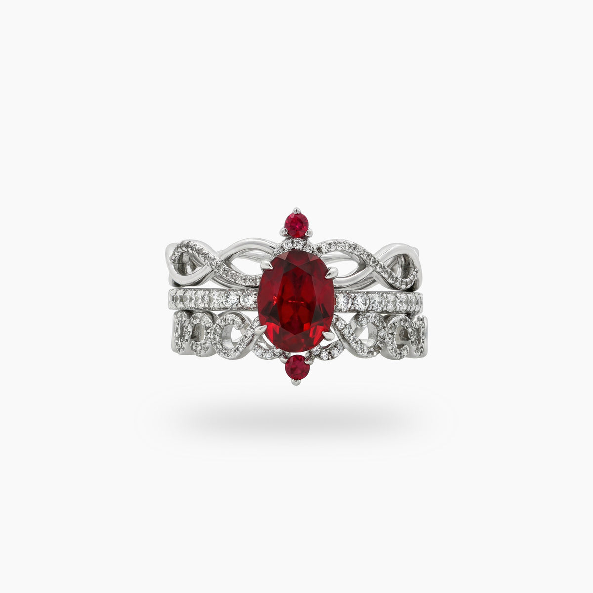 Triple Stacking Ring with Avenys Prestige Created Square Oval Pigeon Blood Ruby – on White Gold