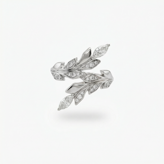 Leaf Ring with White Round Stone – on White Gold