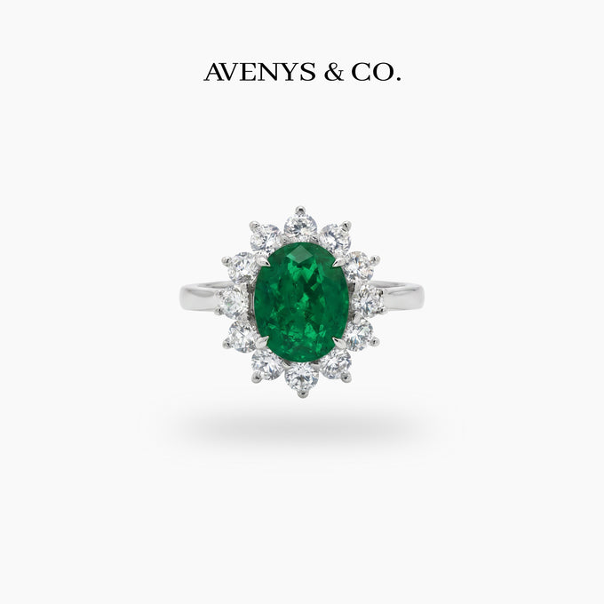 Classic Halo Ring with Green Oval Stone – on White Gold