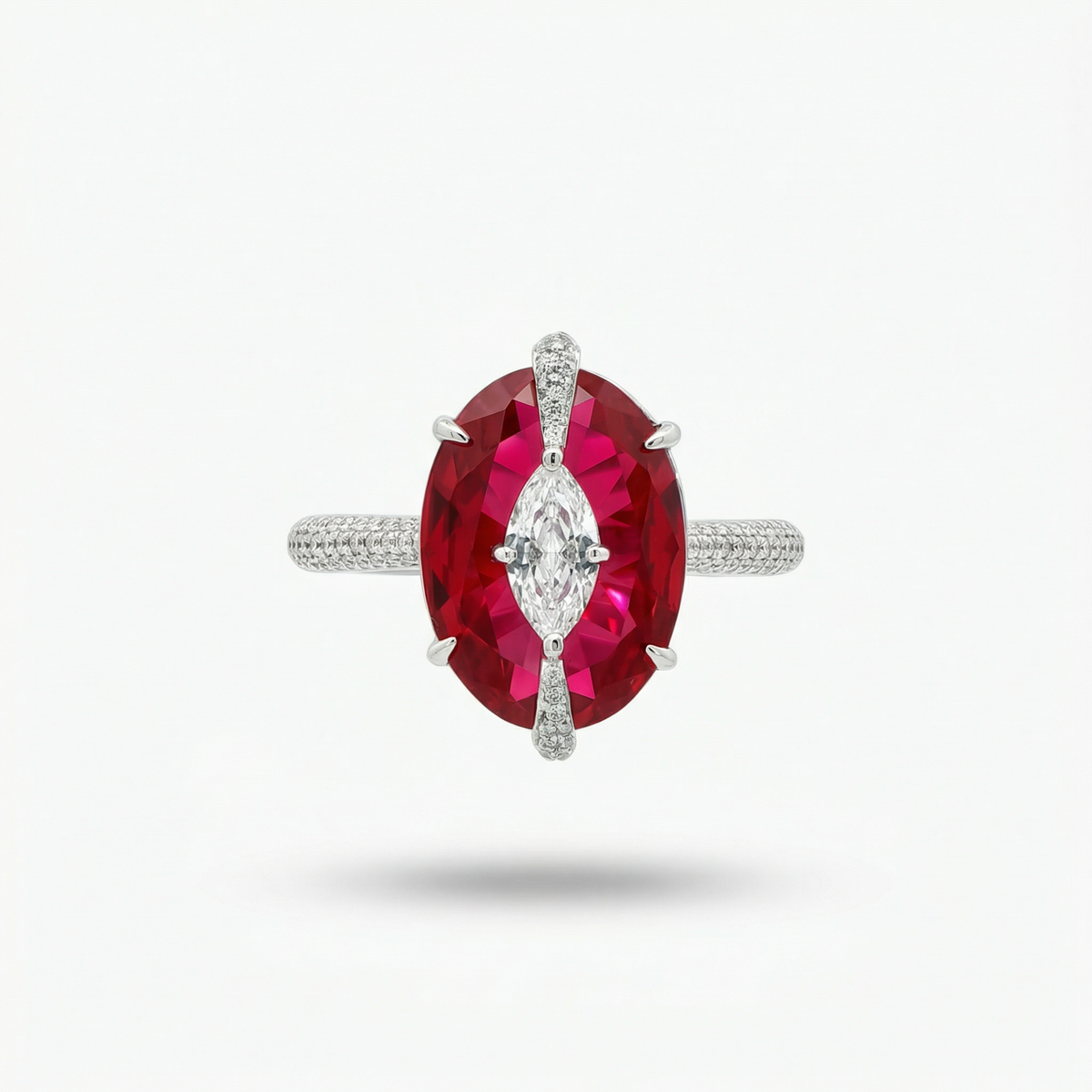 Embrace Queens Ring with Red Oval Stone – on White Gold