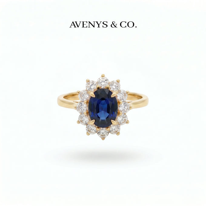 Classic Halo Ring with Blue Oval Stone – on Yellow Gold