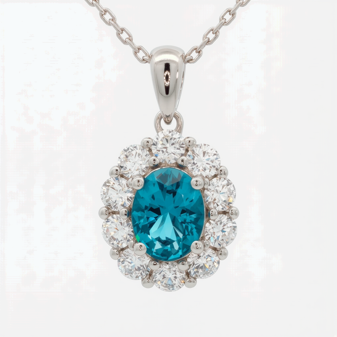 Peacock Blue Sapphire Oval Charm Necklace in White Gold Finish Silver