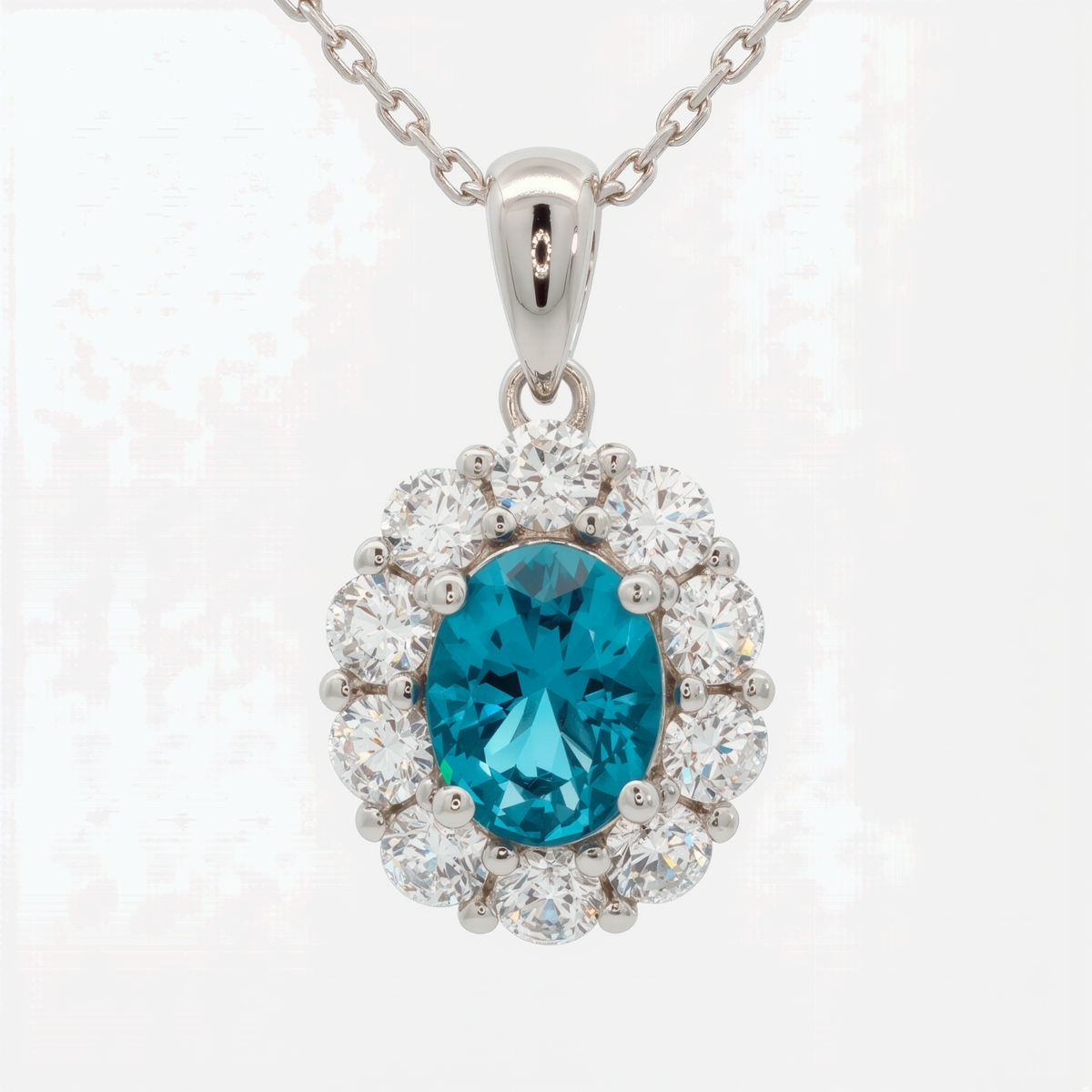Peacock Blue Sapphire Oval Charm Necklace in White Gold Finish Silver