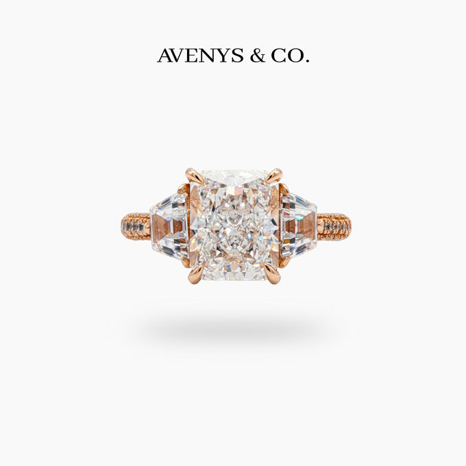 Trilogy Pave Ring with White Emerald Stone – on Rose Gold