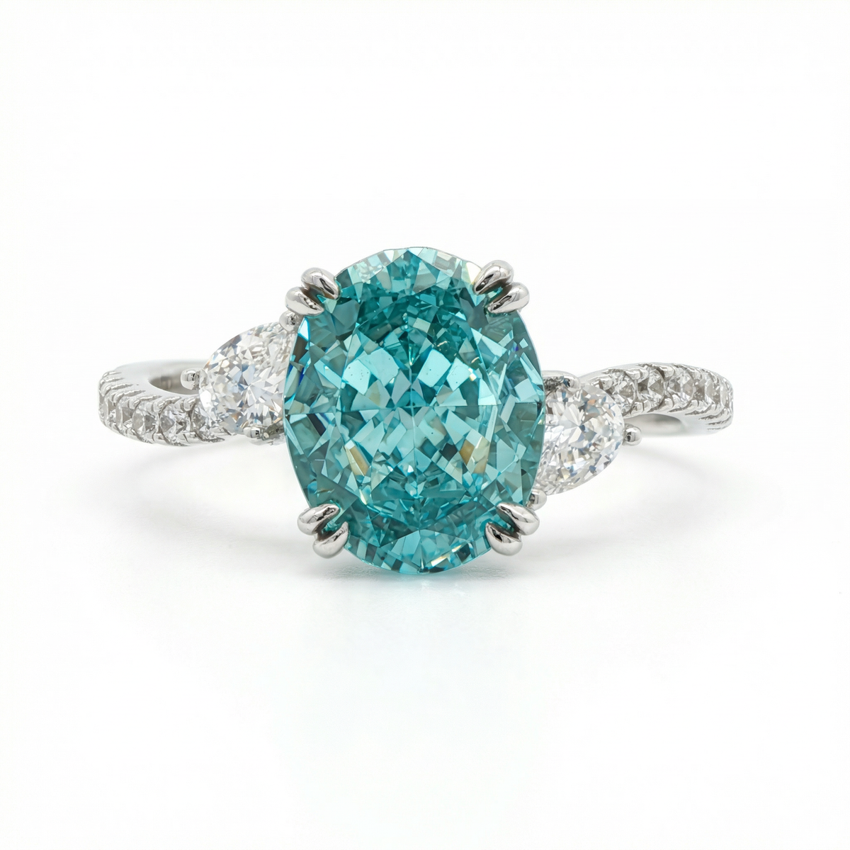 Lagoon Pave Ring with Stacking Band with Paraiba Oval Stone – on White Gold