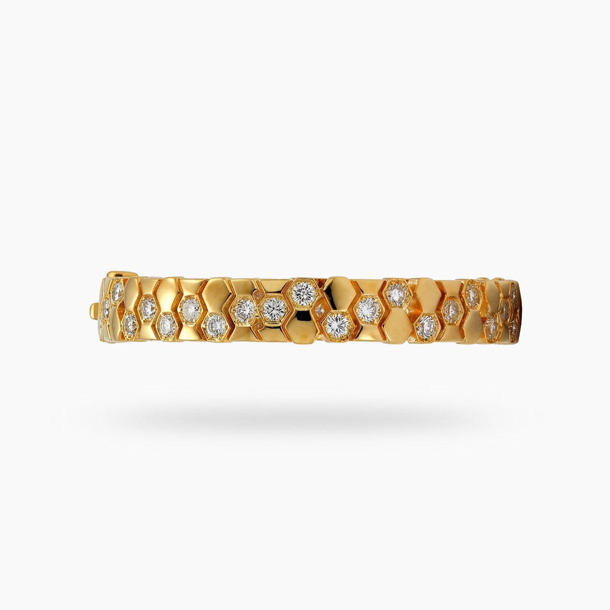 Honeycomb Wide Bracelet with White Round Stone – on Yellow Gold