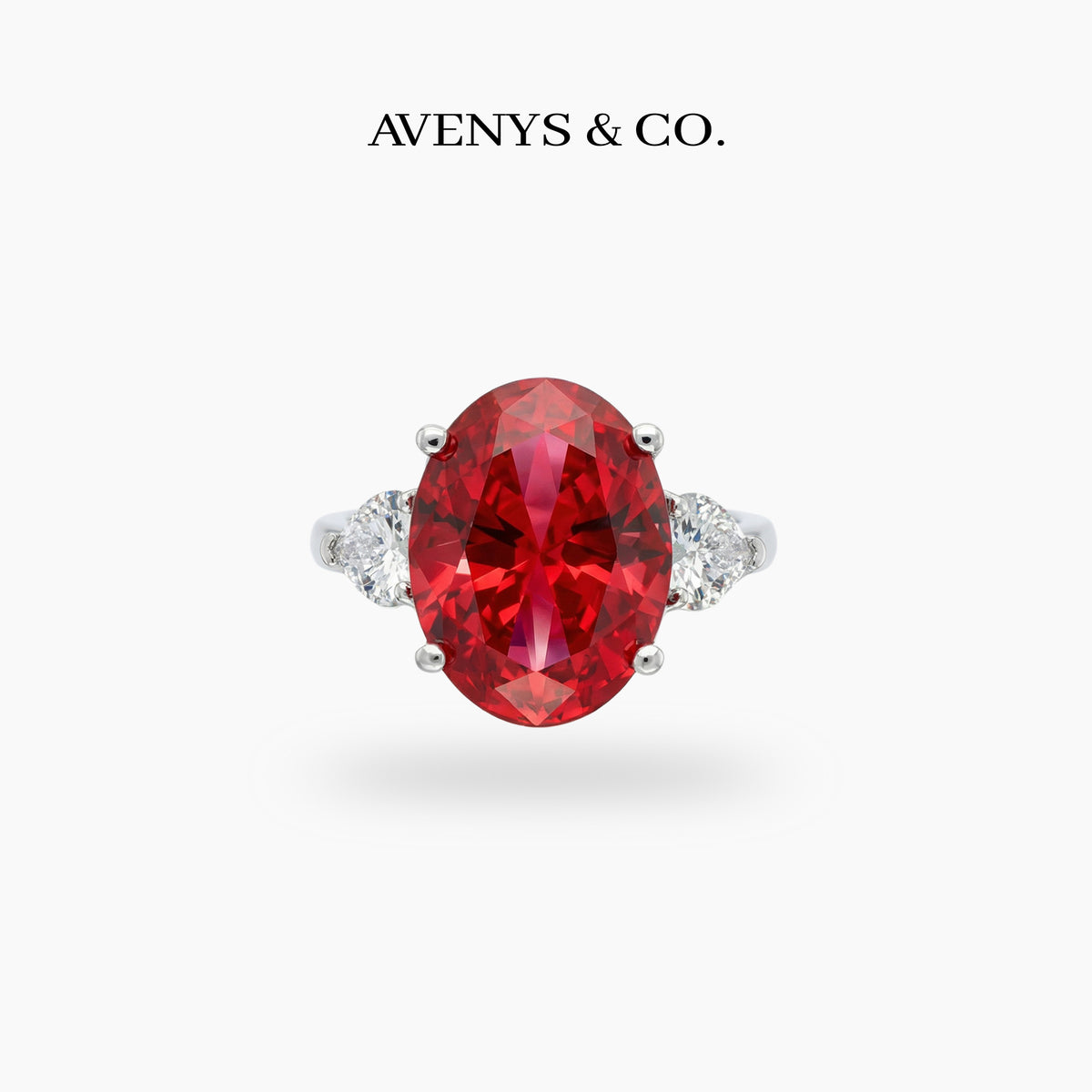 Oval Trilogy Pear Ring with Red Oval Stone – on White Gold