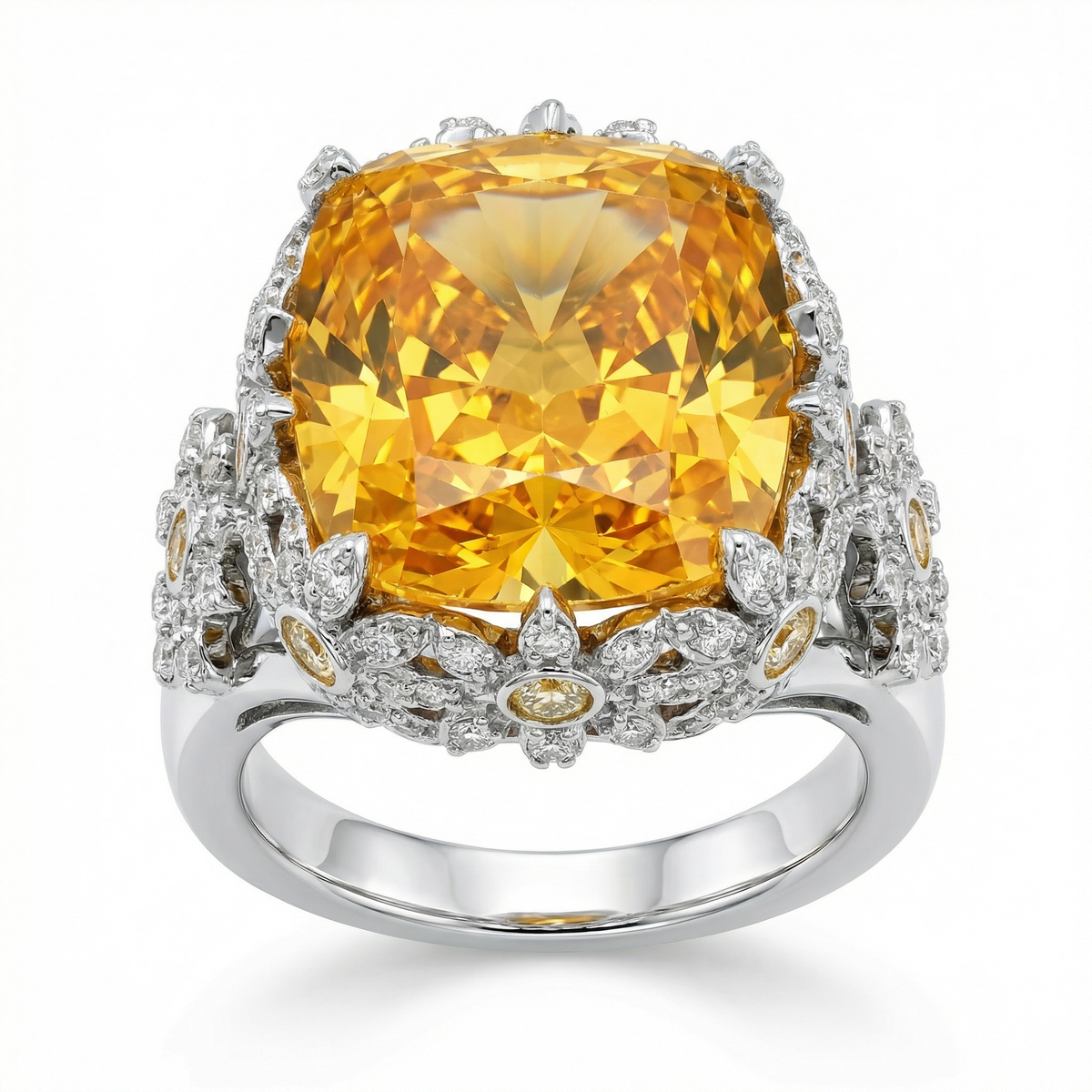 Crown Ring with Yellow Cushion Stone – on White Gold