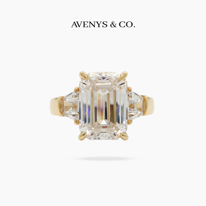 Trilogy Ring with White Emerald Stone – on Yellow Gold