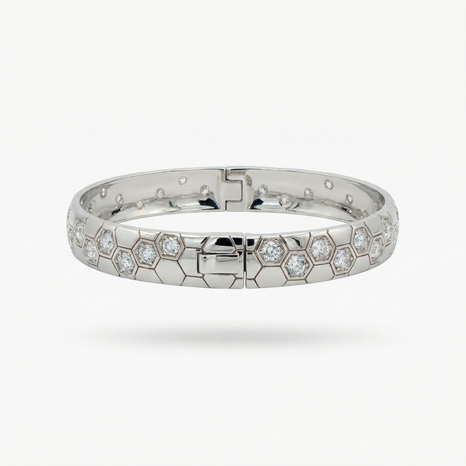Honeycomb Wide Bangle with White Round Stone – on White Gold