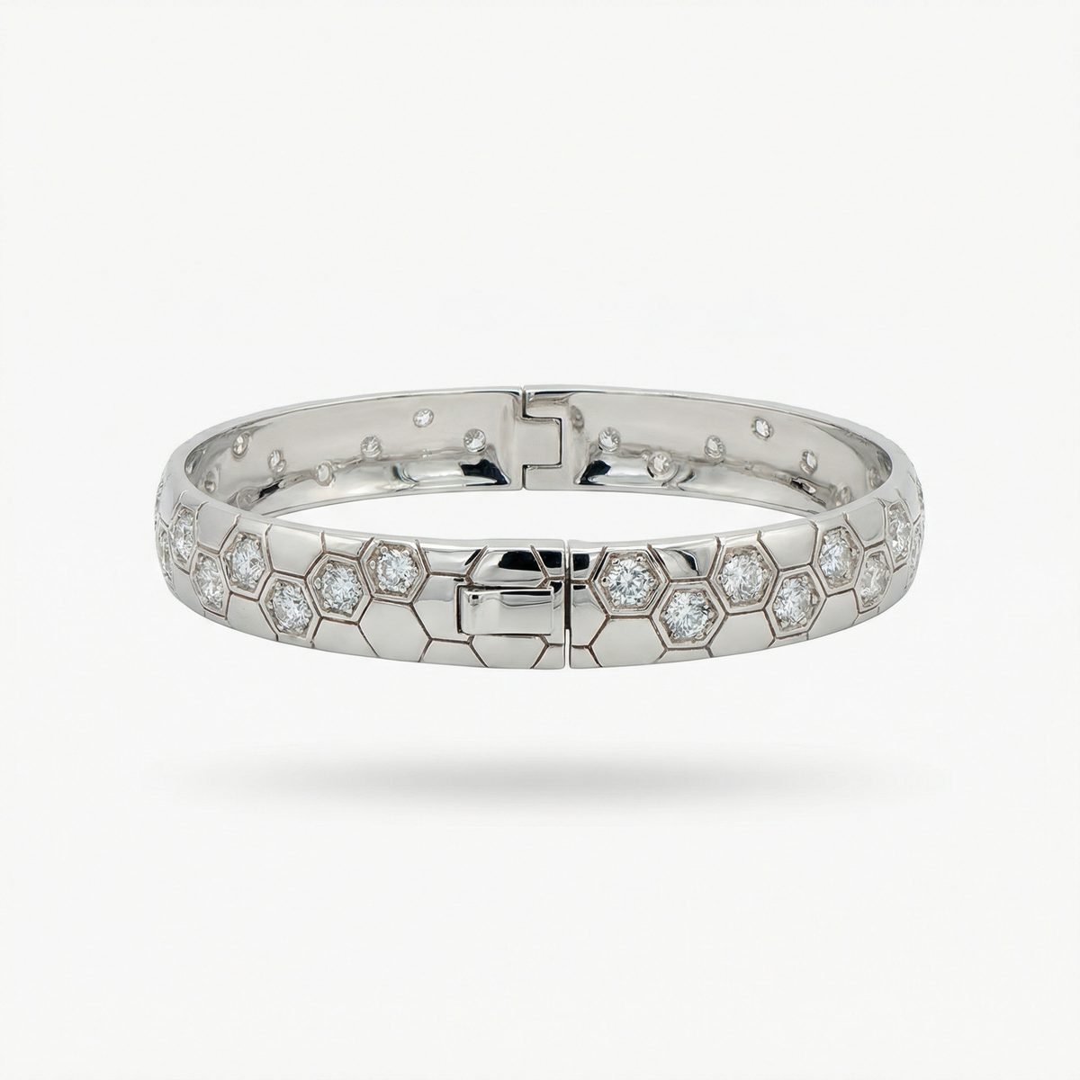 Honeycomb Wide Bangle with White Round Stone – on White Gold