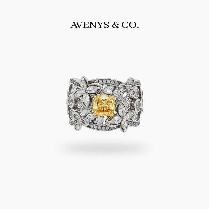 Summer Floral Ring with Yellow Cushion Stone – on White Gold