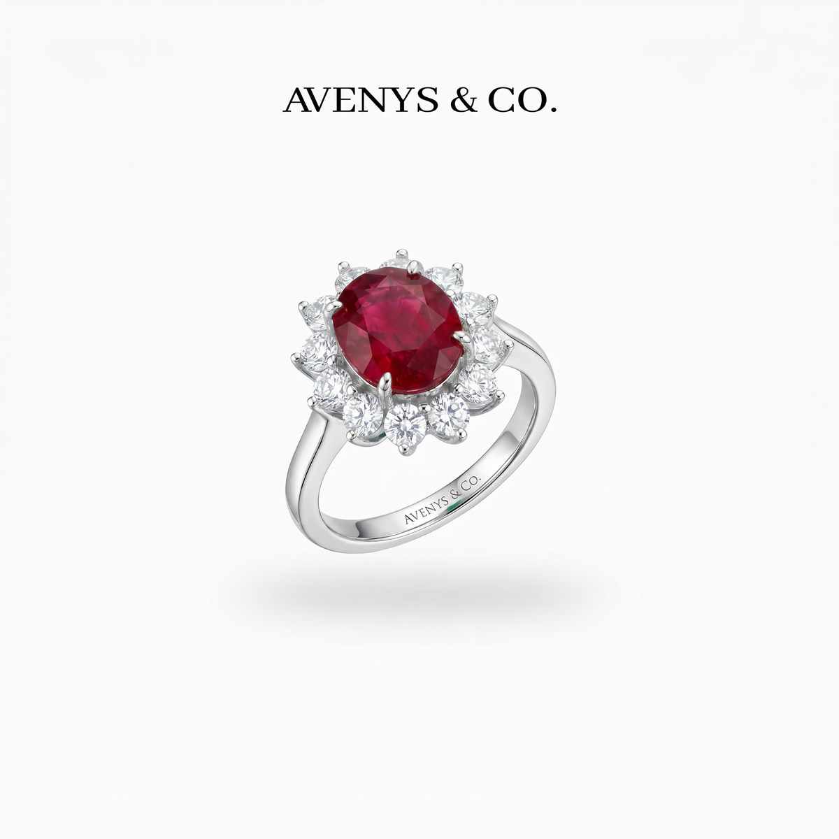 Classic Halo Ring with Red Oval Stone – on White Gold