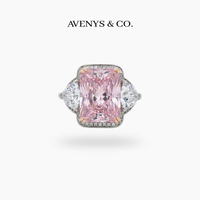 Queens Radiant Ring with Pink Round Stone – on White Gold