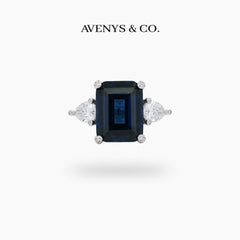 Emerald Pear Trilogy Ring with Blue Emerald Stone – on White Gold