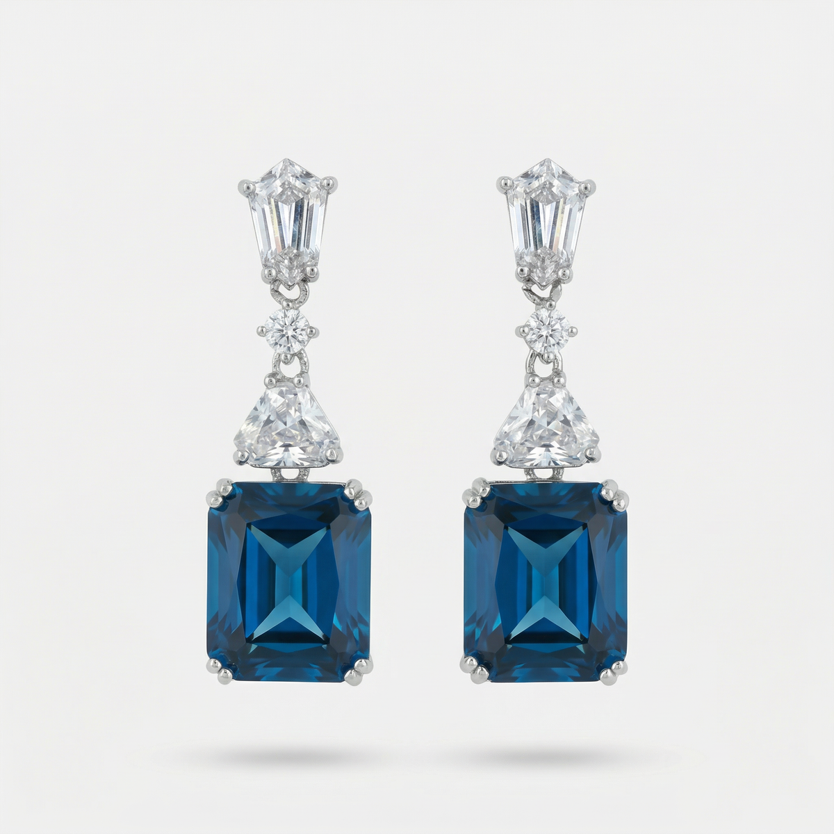 Radiant Drop Earrings with Blue Radiant Stone – on White Gold