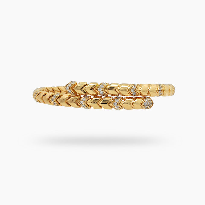 Chevron  Bangle with White Round Stone – on Yellow Gold