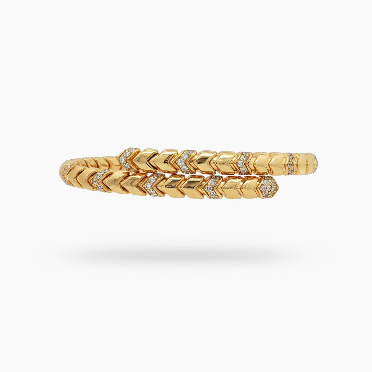 Chevron  Bangle with White Round Stone – on Yellow Gold