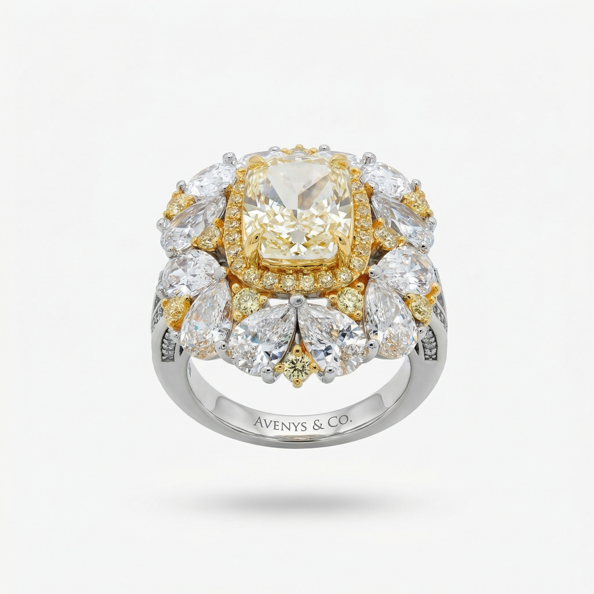 Royal Flower Halo Ring with Yellow Cushion Stone – on White Gold