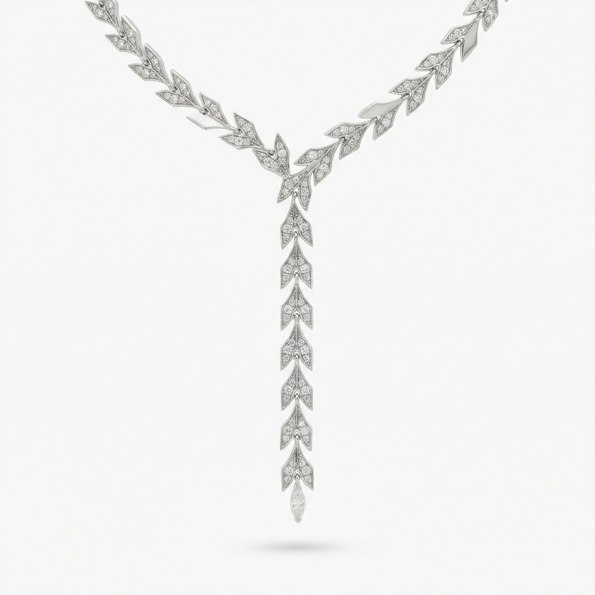 Leaf Necklace with White Round Stone – on White Gold
