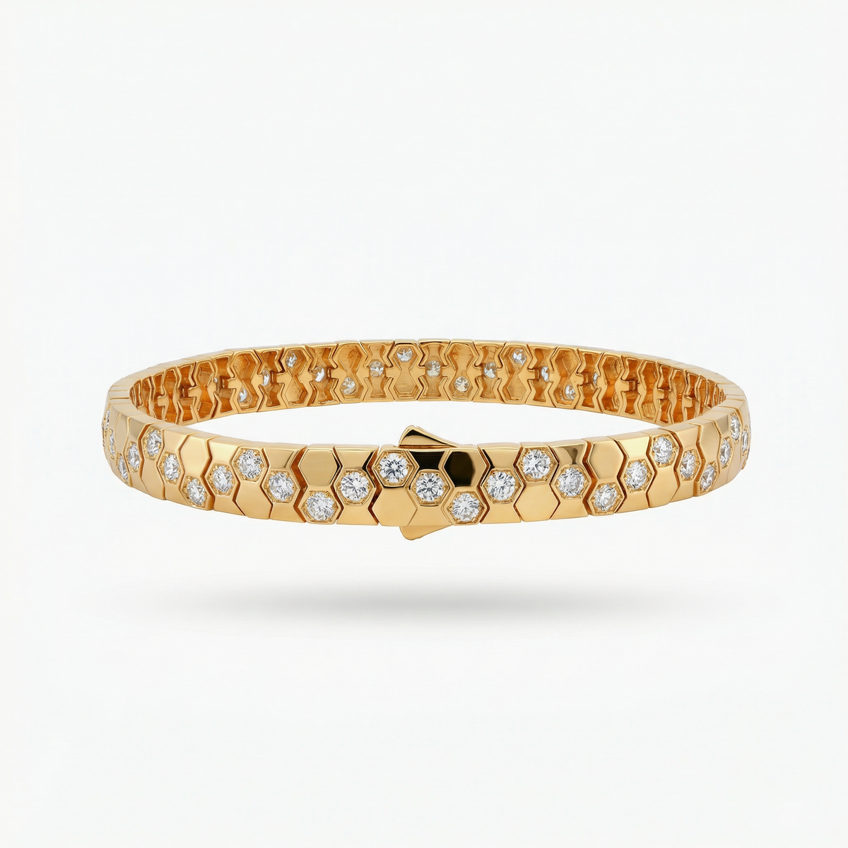Honeycomb Wide Bracelet with White Round Stone – on Yellow Gold