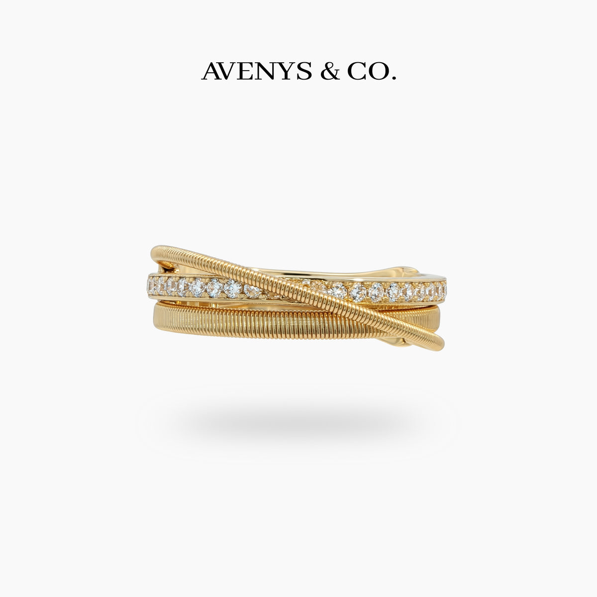 Crossline Pave Ring with White Round Stone – on Yellow Gold