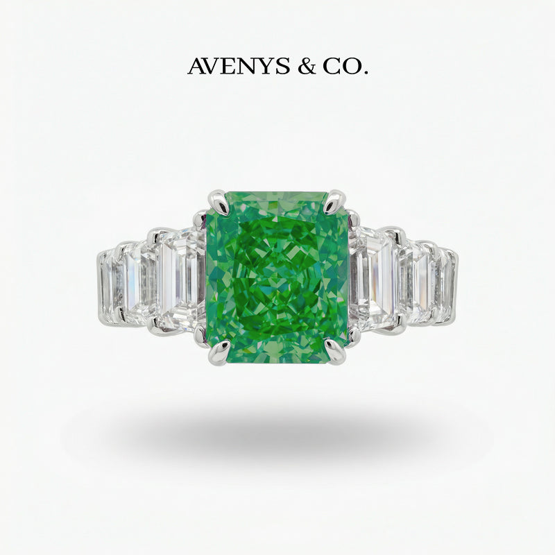 Princess Eternity Ring with Green Radiant Stone – on White Gold