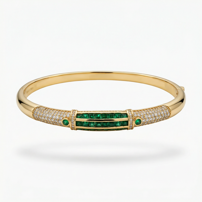 Yellow Gold Bangle with Square Step-Cut Emeralds