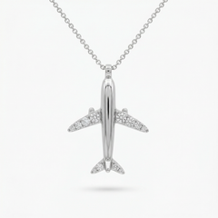 Airplane Necklace with White Round Stone – on White Gold