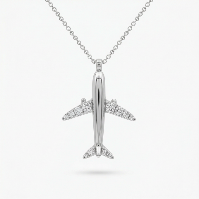 Airplane Necklace with White Round Stone – on White Gold