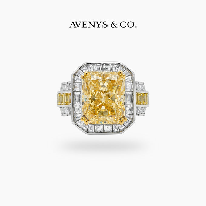 Radiant Halo Pave Ring with Yellow Round Stone – on White Gold